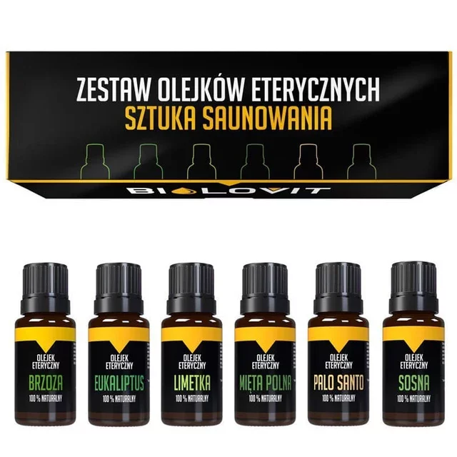 Czarno-żółte pudełko od góry oraz 6 buteleczek