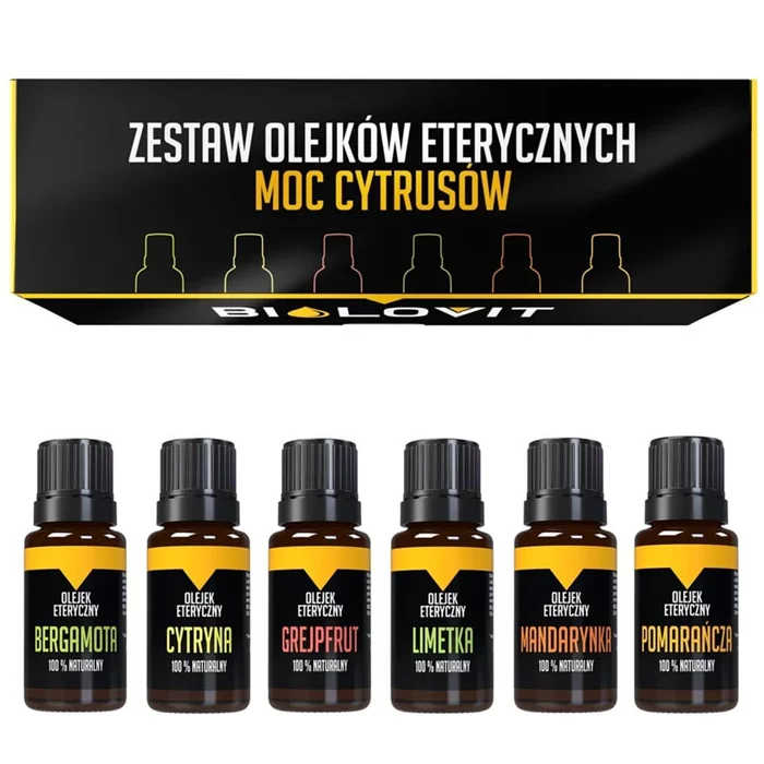 Czarno-żółte pudełko od góry oraz 6 buteleczek