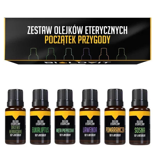 Czarno-żółte pudełko od góry oraz 6 buteleczek