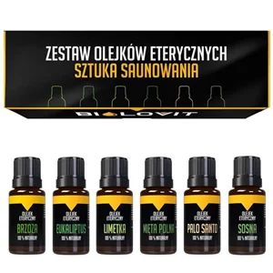 Czarno-żółte pudełko od góry oraz 6 buteleczek