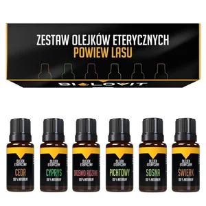 Czarno-żółte pudełko od góry oraz 6 buteleczek
