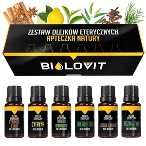 Czarno-żółte pudełko oraz 6 buteleczek z olejkami