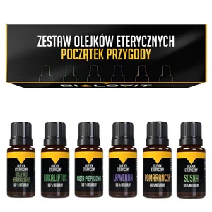 Czarno-żółte pudełko od góry oraz 6 buteleczek